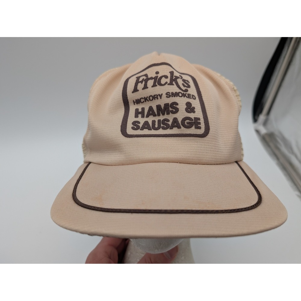 Vintage Fricks Hams Sausage Trucker Hat Tan Brown Mesh Snapback Made in USA L